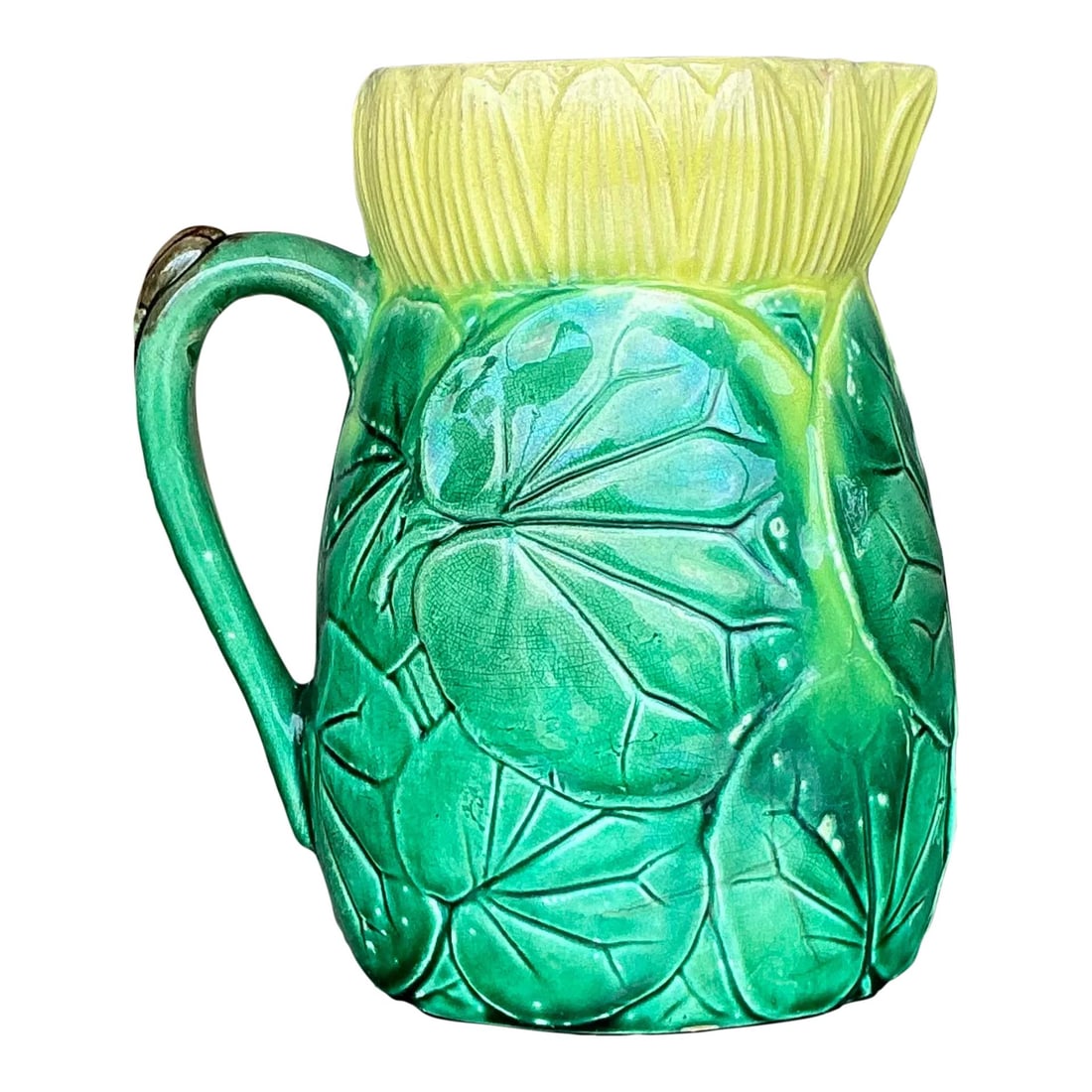 Vintage Majolica Style Lilypad Pitcher Electric Yellow Ceramic Decor: Vintage Majolica Style Lilypad Pitcher Electric Yellow Ceramic Decor Enhance your home decor with this Vintage Regency Majolica Style Lilypad Pitcher. This exquisite pitcher features a detailed design