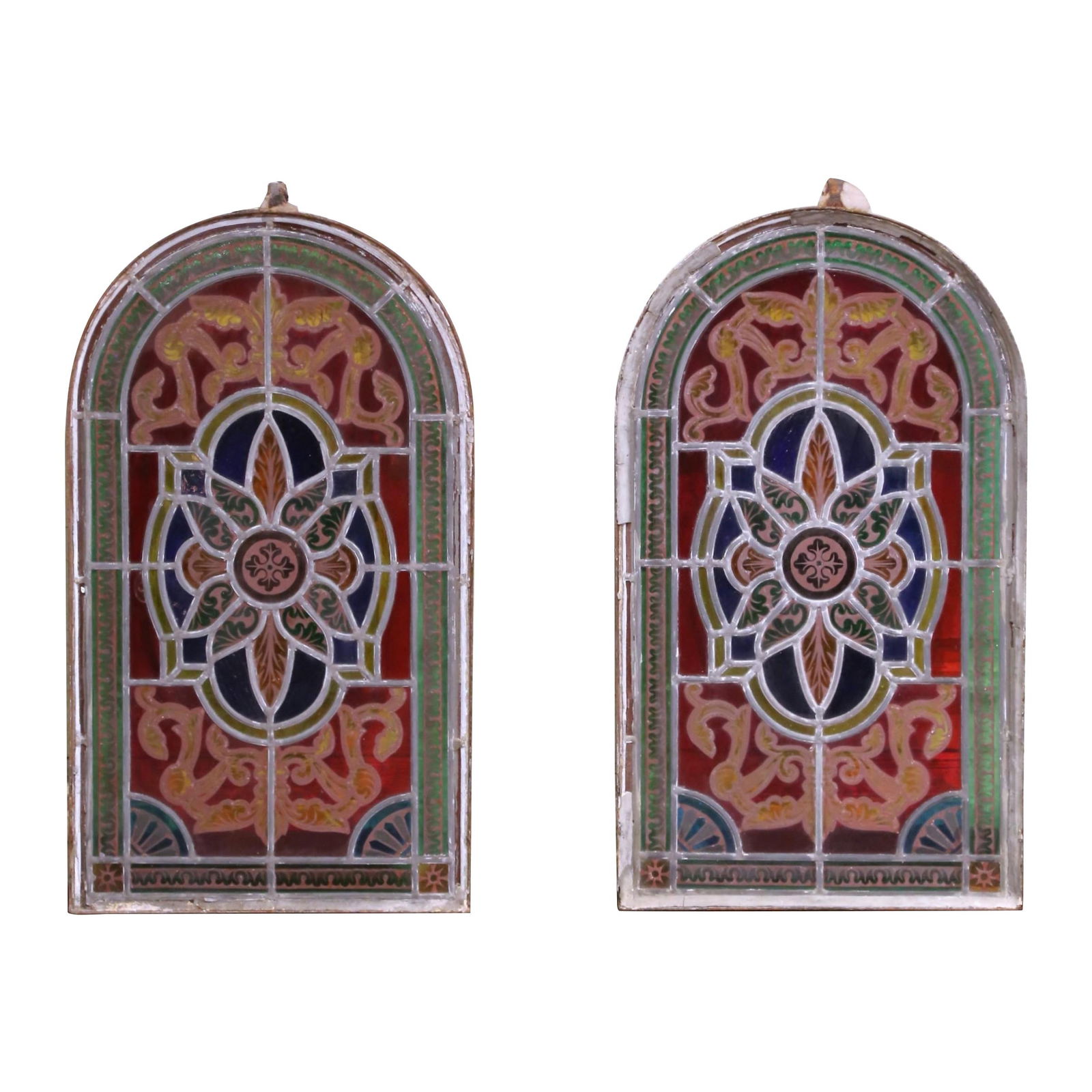 19th Century French Napoleon III Stained Glass Window Pair Set: 19th Century French Napoleon III Stained Glass Window Pair Set Crafted in France circa 1850, this exquisite pair of antique arched stained glass windows exemplifies mid-19th-century artistry from the