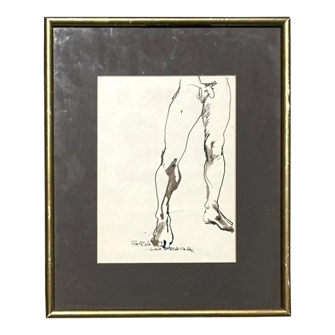 Signed Vintage Boho Ink Drawing of Nude Male Figure Framed: Signed Vintage Boho Ink Drawing of Nude Male Figure Framed This Vintage Boho Ink Drawing embodies the essence of classical form through minimalist yet precise lines. It portrays the legs and lower tor