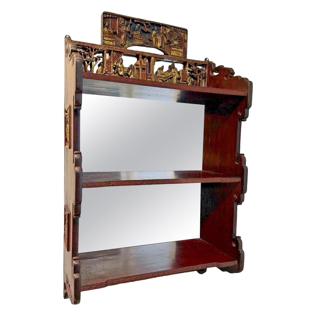 19th Century Chinese Carved Giltwood Mirrored Display Shelf: 19th Century Chinese Carved Giltwood Mirrored Display Shelf This exquisite 19th Century Chinese hardwood and carved giltwood mirrored back hanging display shelf showcases a masterful blend of traditio