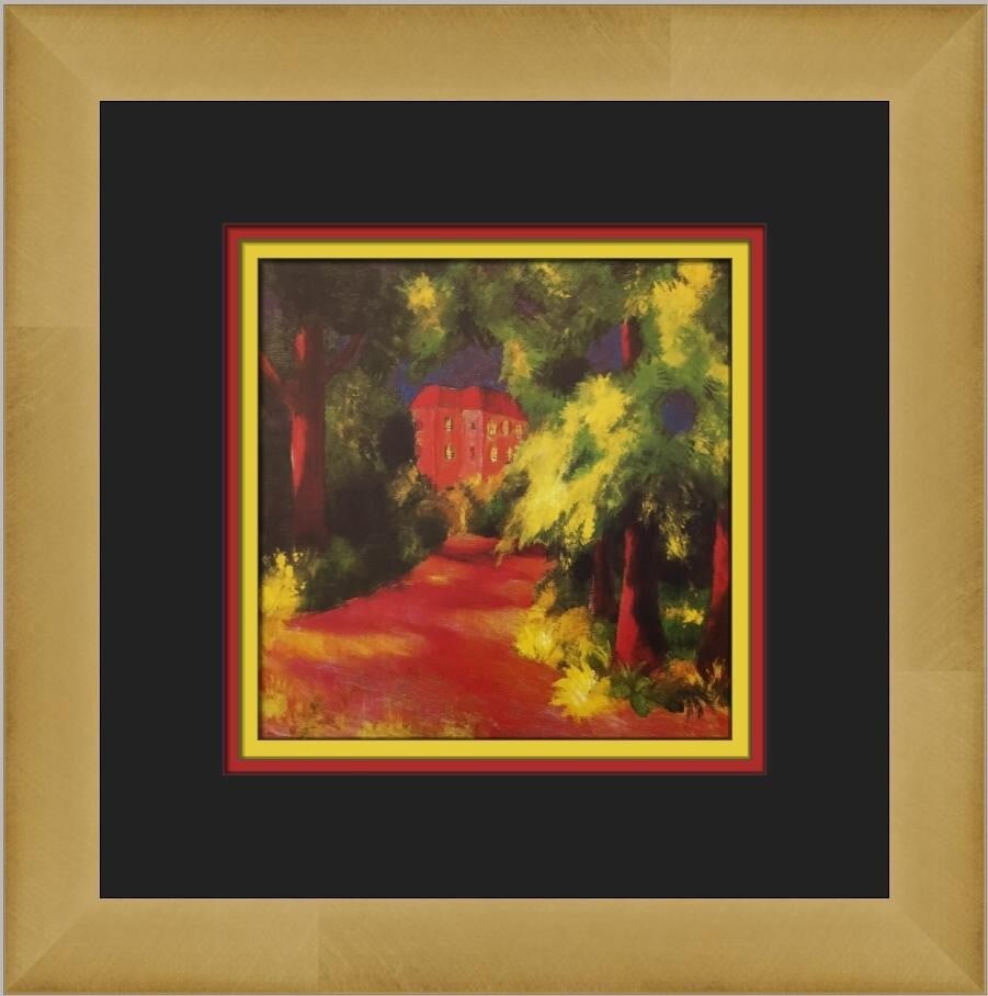 August Macke Red House in Park Custom Framed Impressionist Print: August Macke Red House in Park Custom Framed Impressionist Print Enhance your art collection with this stunning custom framed print titled "Red House in Park" by renowned artist August Macke. This med