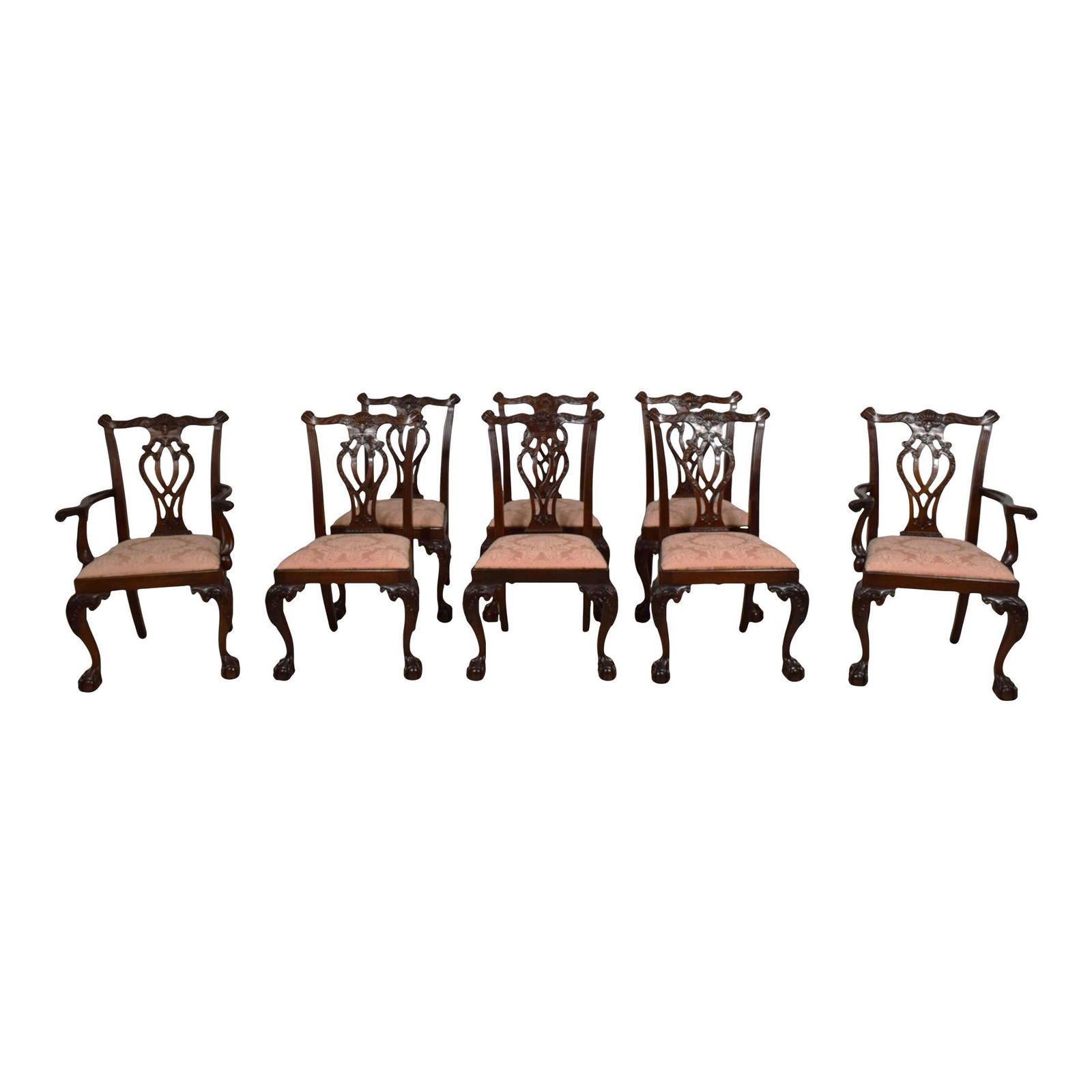 Set of 8 Councill Chippendale Mahogany Dining Chairs with Carved Details: Set of 8 Councill Chippendale Mahogany Dining Chairs with Carved Details This exquisite set of 8 Councill Ball & Claw Chippendale dining chairs showcases traditional 18th-century design with elegant c