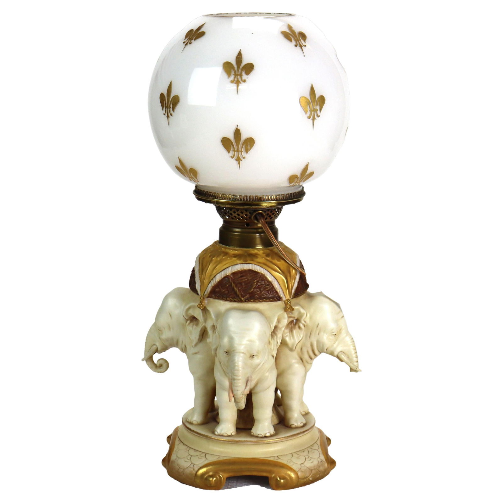 Antique Ernst Wahliss Amphora Elephant Porcelain Lamp c1920 with Glass Shade: Antique Ernst Wahliss Amphora Elephant Porcelain Lamp c1920 with Glass Shade Discover a stunning piece of early 20th-century craftsmanship with this Antique Ernst Wahliss Austrian Amphora Figural Elep