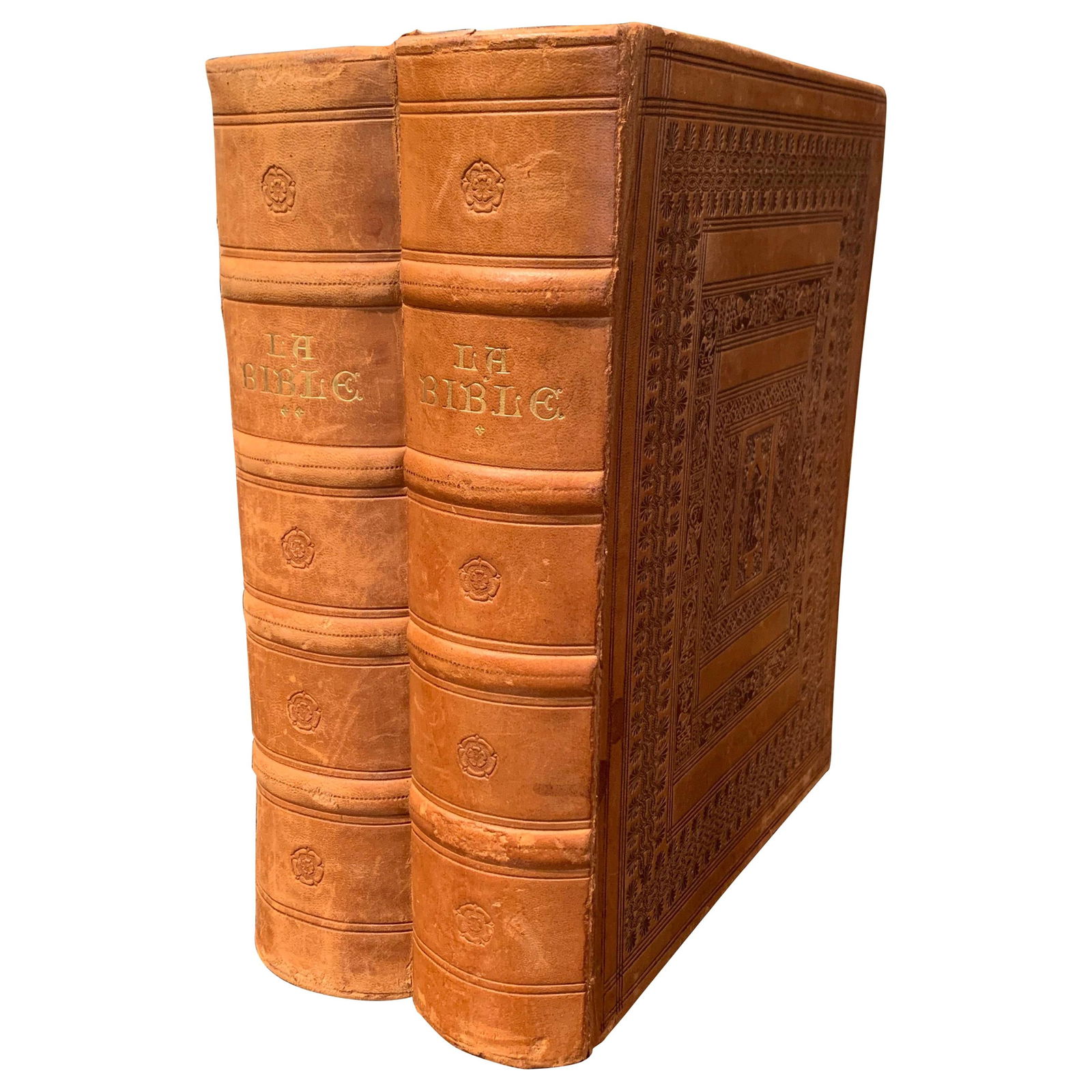 Midcentury French Leather-Bound Holy Bible Set 1953: Midcentury French Leather-Bound Holy Bible Set 1953 This exquisite set of two Holy Bibles, dated 1953, showcases a midcentury French design with stunning brown leather covers. Crafted in Marseilles, F