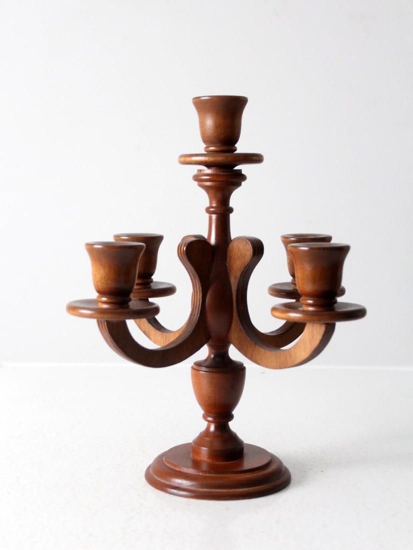 Vintage Mid Century Wood Candelabra for Five Taper Candles: Vintage Mid Century Wood Candelabra for Five Taper Candles Embrace the elegance of the mid 20th century with this stunning wooden candelabra. Designed to hold five taper candles, this turned wood piec