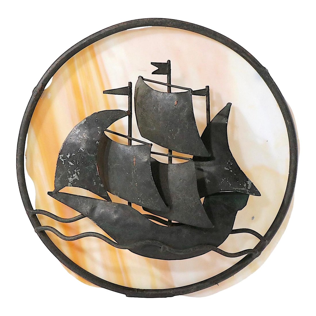 Arts and Crafts Wrought Iron Sconce Early 20th Century Black: Arts and Crafts Wrought Iron Sconce Early 20th Century Black This charming wrought iron and slag glass wall sconce showcases the distinctive Arts and Crafts style, reminiscent of the works of Samuel Y