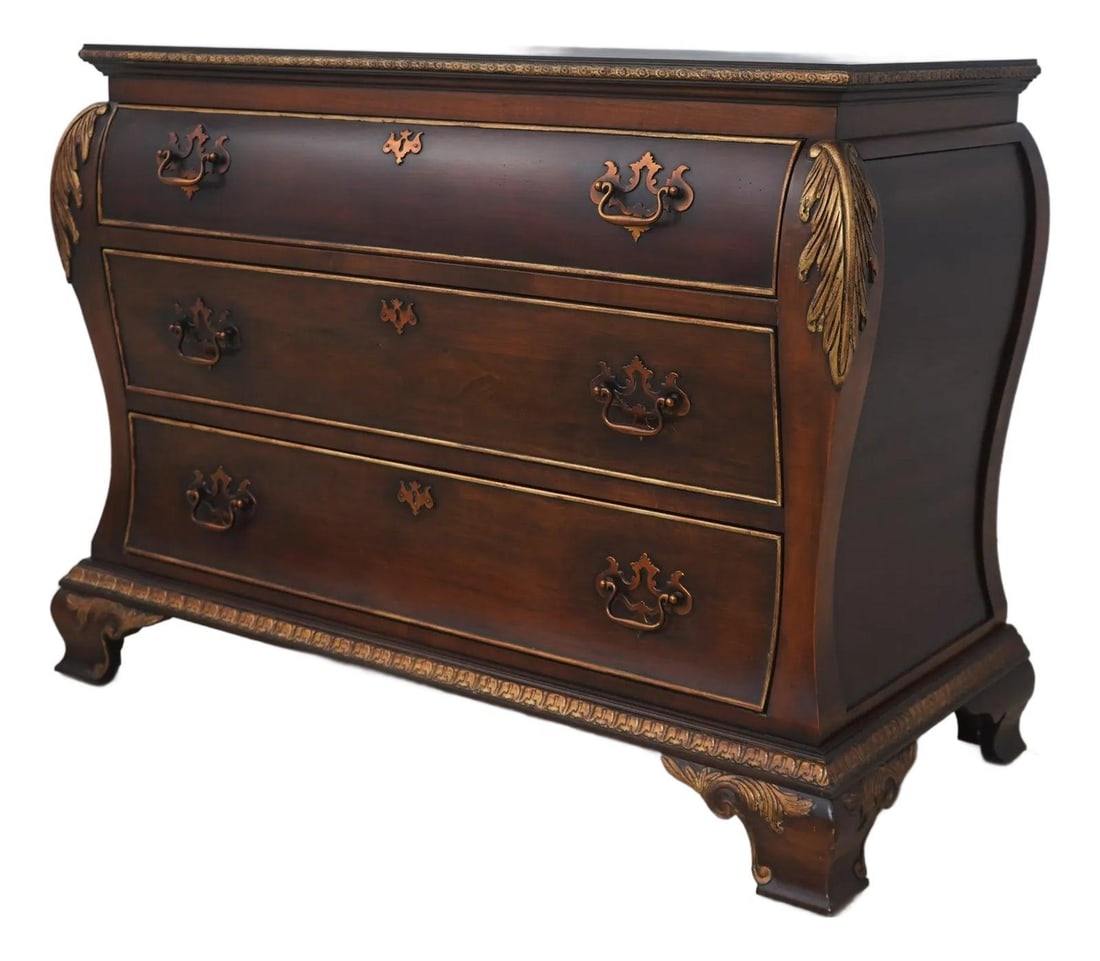 Century Mahogany Chippendale Bombe Chest with Carved Details: Century Mahogany Chippendale Bombe Chest with Carved Details This exquisite Century Mahogany Chippendale Bombe Dresser Chest showcases elegant carved details and quality construction. Featuring doveta