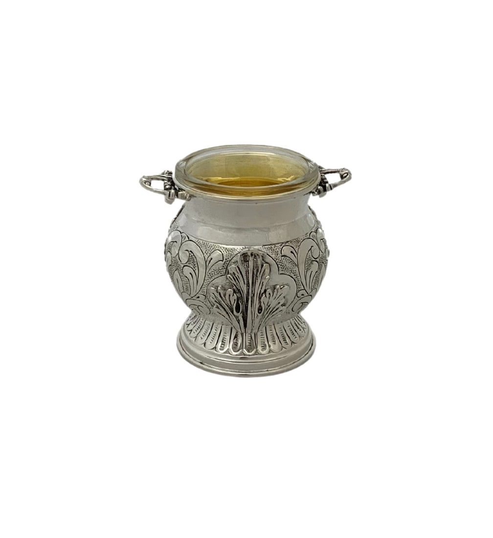 Handmade 925 Sterling Silver Leaf Applique Salt Holder with Glass Insert: Handmade 925 Sterling Silver Leaf Applique Salt Holder with Glass Insert This exquisite salt holder is a fine example of Turkish craftsmanship, featuring a stunning design of handmade leaf applique an