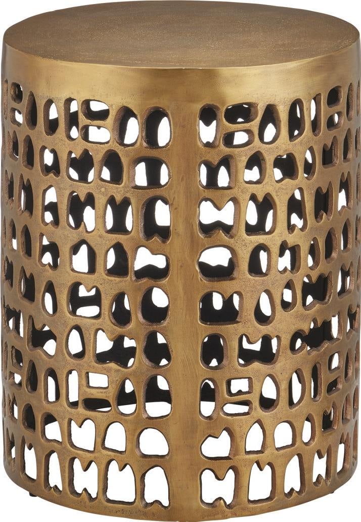 Currey Alvar Gold Drum Accent Table with Organic Cut-Outs: Currey Alvar Gold Drum Accent Table with Organic Cut-Outs The Alvar Gold Drum Table features a striking antique gold finish and is designed with organic cut-outs, adding a unique touch to your decor.