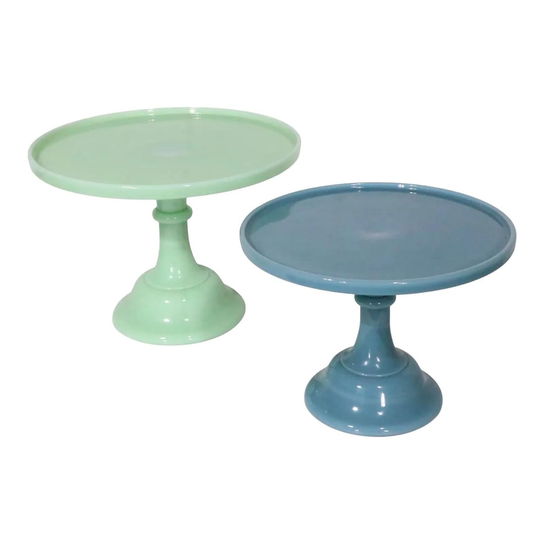 Lot of 2 Mosser Glass Cake Stands Jadite Georgia Blue: Lot of 2 Mosser Glass Cake Stands Jadite Georgia Blue Enhance your dessert presentations with this exquisite set of two glass cake stands by Mosser. Featuring a stunning Jadite cake stand and a vibran
