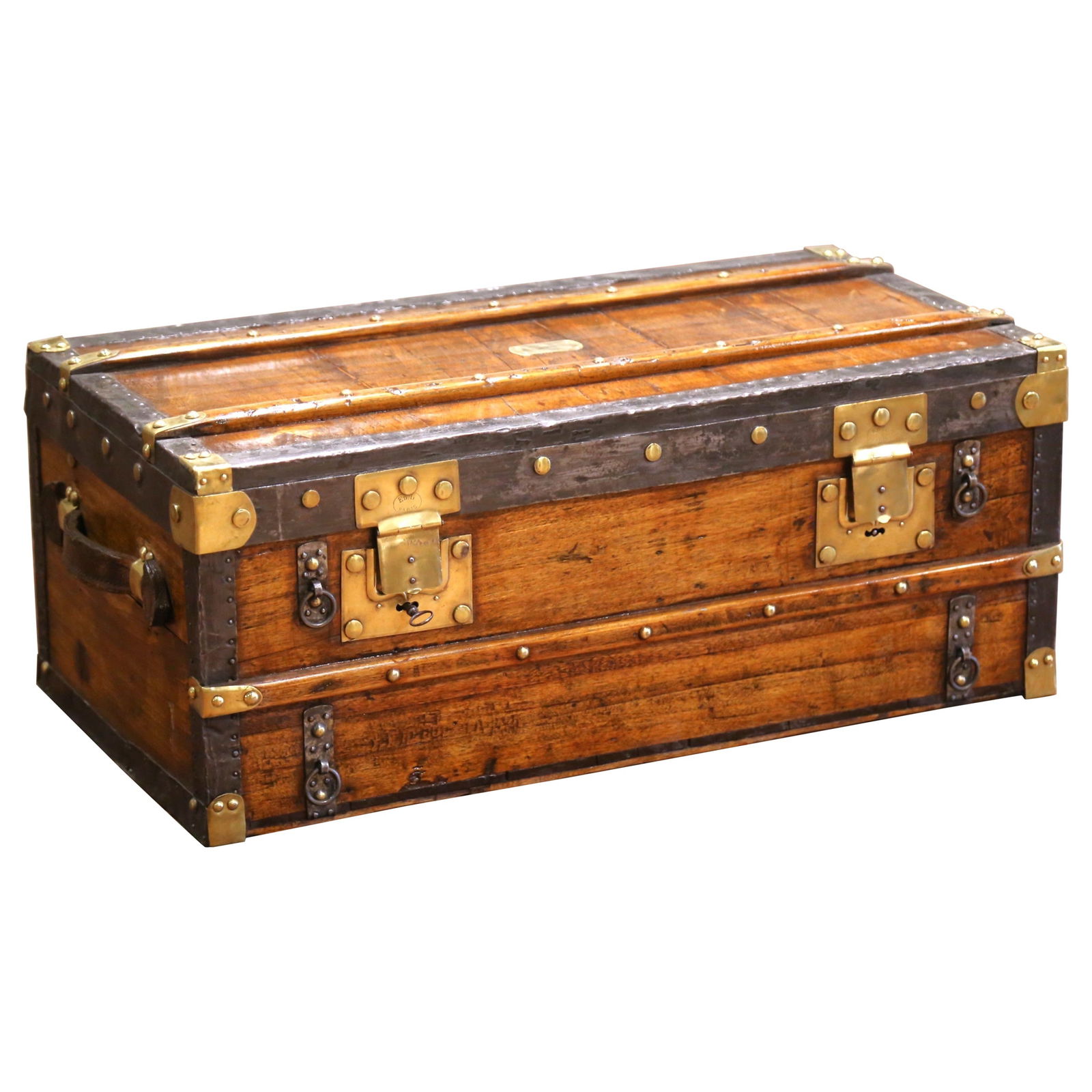 Antique 19th Century French Poplar Travel Trunk Ed. L Paris: Antique 19th Century French Poplar Travel Trunk Ed. L Paris This exquisite 19th-century French travel trunk showcases the elegance of the Belle Epoque era. Crafted circa 1895 from richly toned poplar,