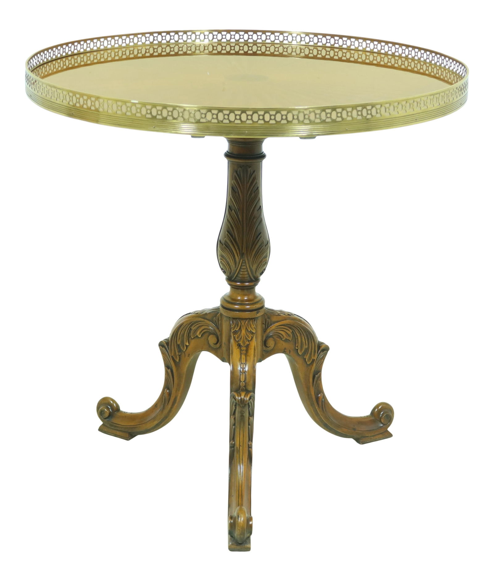 Maitland Smith Georgian Style Round Satinwood Lamp Table with Brass Gallery: Maitland Smith Georgian Style Round Satinwood Lamp Table with Brass Gallery This exquisite Maitland Smith Round Georgian Style Lamp Table showcases a stunning high-sheen satinwood top complemented by