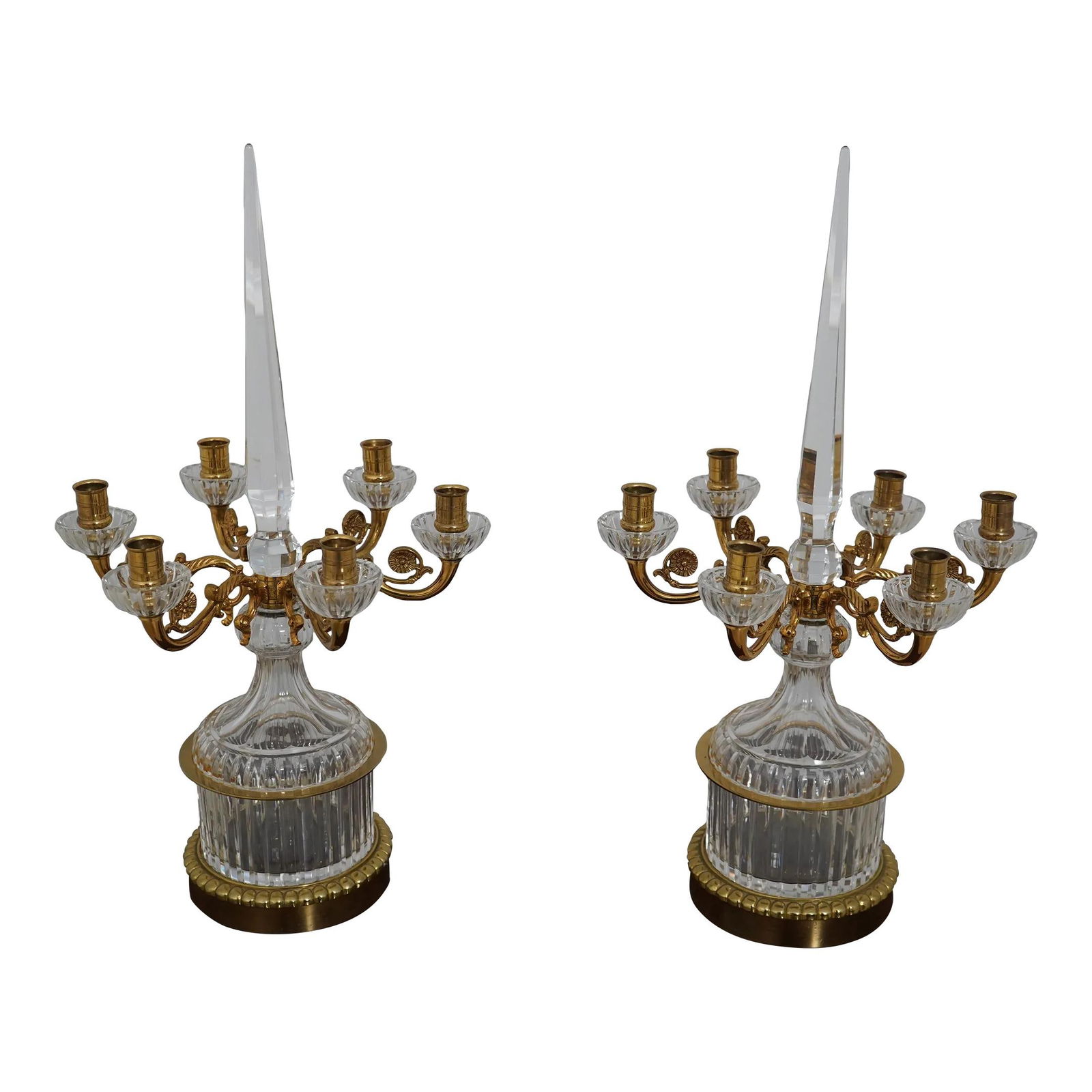 Elegant Bronze Crystal Candelabras Pair 23.5 Inches Tall: Elegant Bronze Crystal Candelabras Pair 23.5 Inches Tall This set of exceptional quality candelabras features a stunning combination of heavy bronze bases and fine crystal accents. With an age of appr