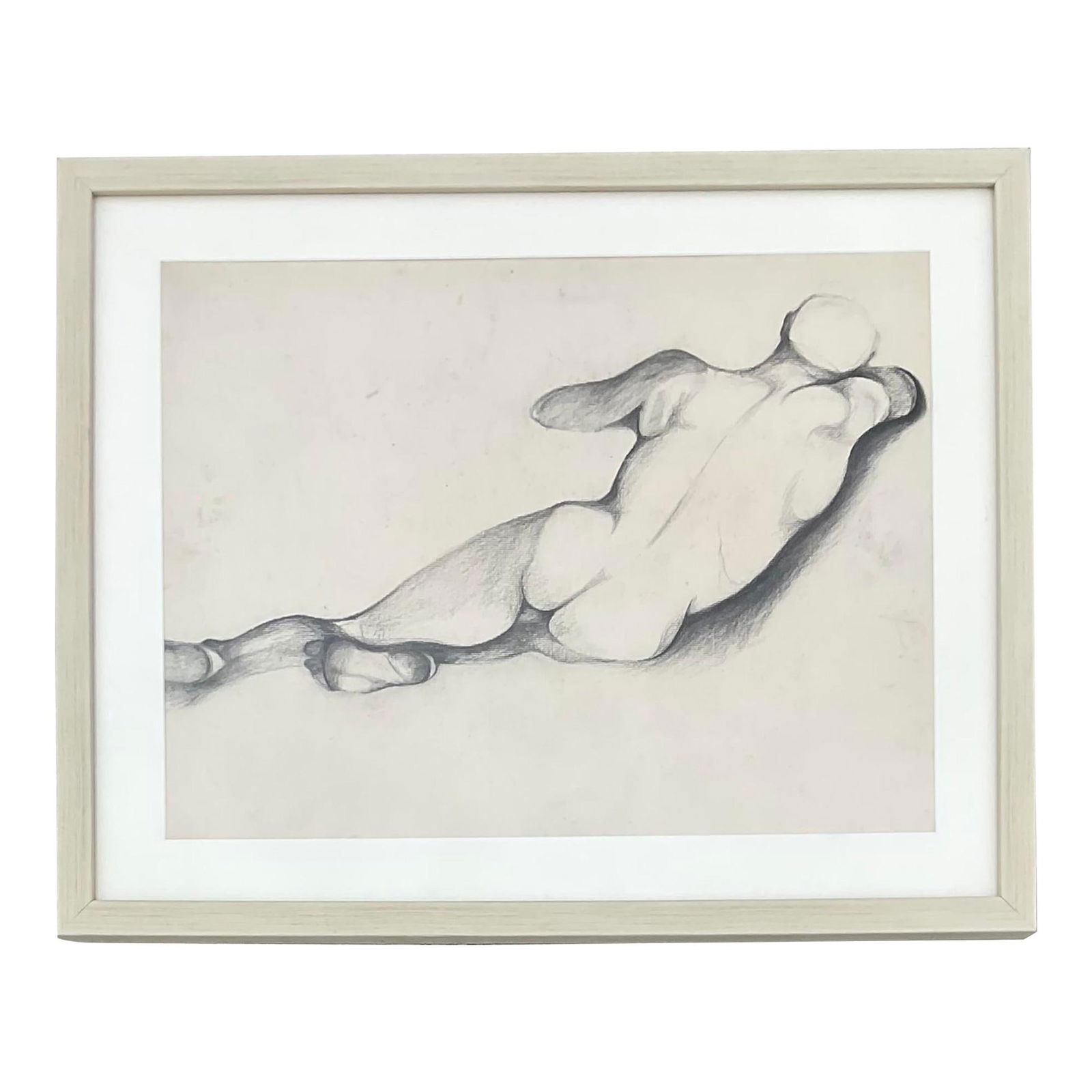 Vintage Boho 1930s Framed Pencil Sketch of Reclining Male: Vintage Boho 1930s Framed Pencil Sketch of Reclining Male This exquisite vintage Boho pencil sketch from the 1930s captures the elegance of a nude male figure in a graceful reclining pose. The artwork