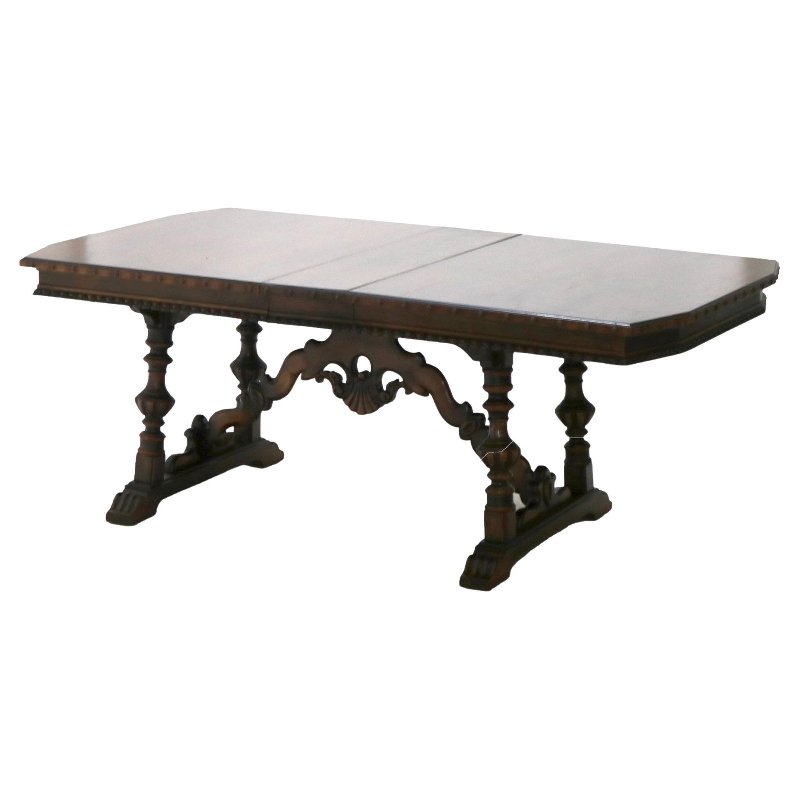 Antique Berkey & Gay Kittinger Carved Walnut Trestle Table C1930 with Four Leaves: Antique Berkey & Gay Kittinger Carved Walnut Trestle Table C1930 with Four Leaves This exquisite antique trestle table, reminiscent of the craftsmanship of Berkey & Gay and Kittinger, features intrica