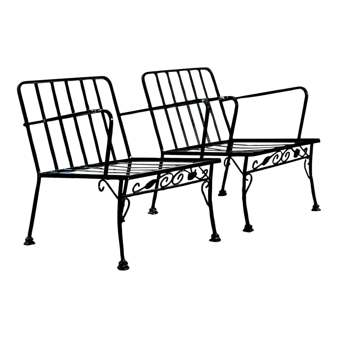 Mid-Century Modern Wrought Iron Lounge Chairs Pair with Vine Motif: Mid-Century Modern Wrought Iron Lounge Chairs Pair with Vine Motif This exceptional pair of vintage lounge chairs beautifully combines Mid-Century Modern lines with classic garden elegance. Crafted fr