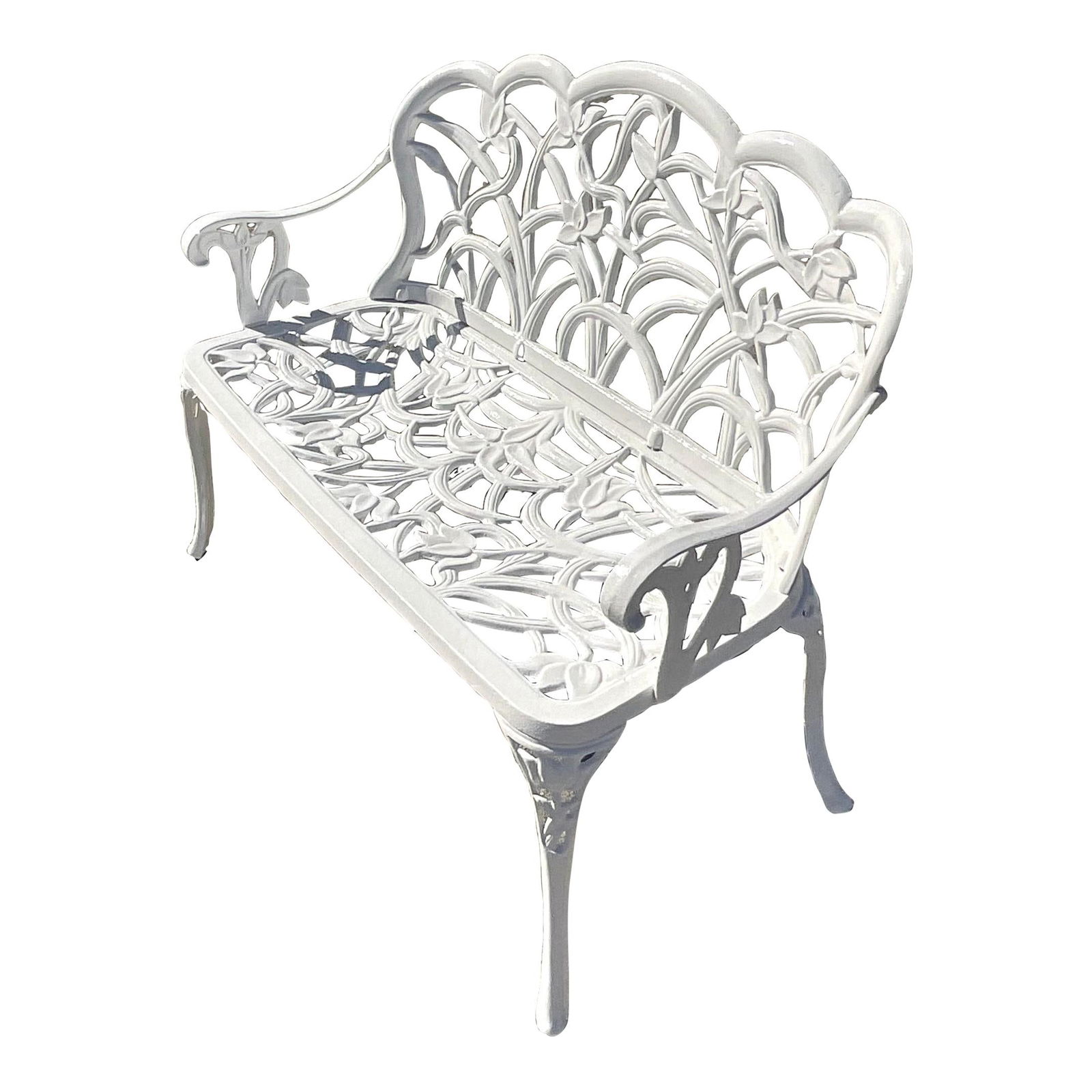 Vintage Coastal Aluminum Settee Floral Design White Restoration: Vintage Coastal Aluminum Settee Floral Design White Restoration This vintage Coastal settee features a stunning cast aluminum frame adorned with a chic floral design. It has been fully restored and is