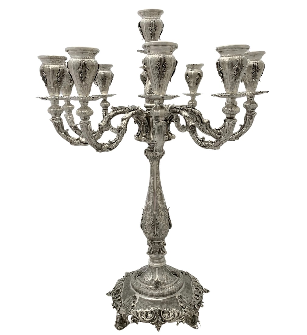 Ornate 11-Light 925 Sterling Silver Candelabra with Leaf Applique: Ornate 11-Light 925 Sterling Silver Candelabra with Leaf Applique This exquisite 11-light candelabra is crafted from fine 925 sterling silver (.925) and features a stunning handmade chased swirl leaf