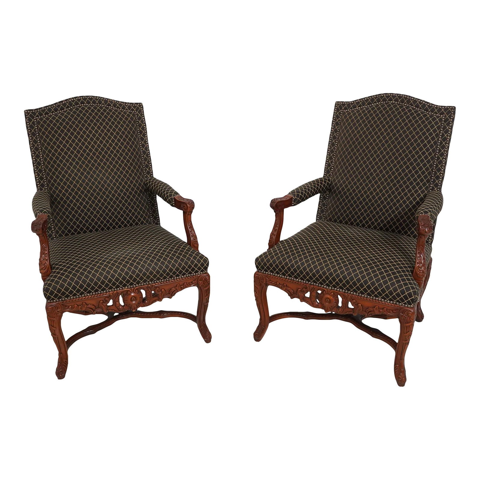 Elegant Pair of Drexel Louis XV Upholstered Chairs in Brown: Elegant Pair of Drexel Louis XV Upholstered Chairs in Brown Enhance your living space with this exquisite pair of Drexel French Louis XV upholstered parlor chairs, crafted around 2001. These chairs fe