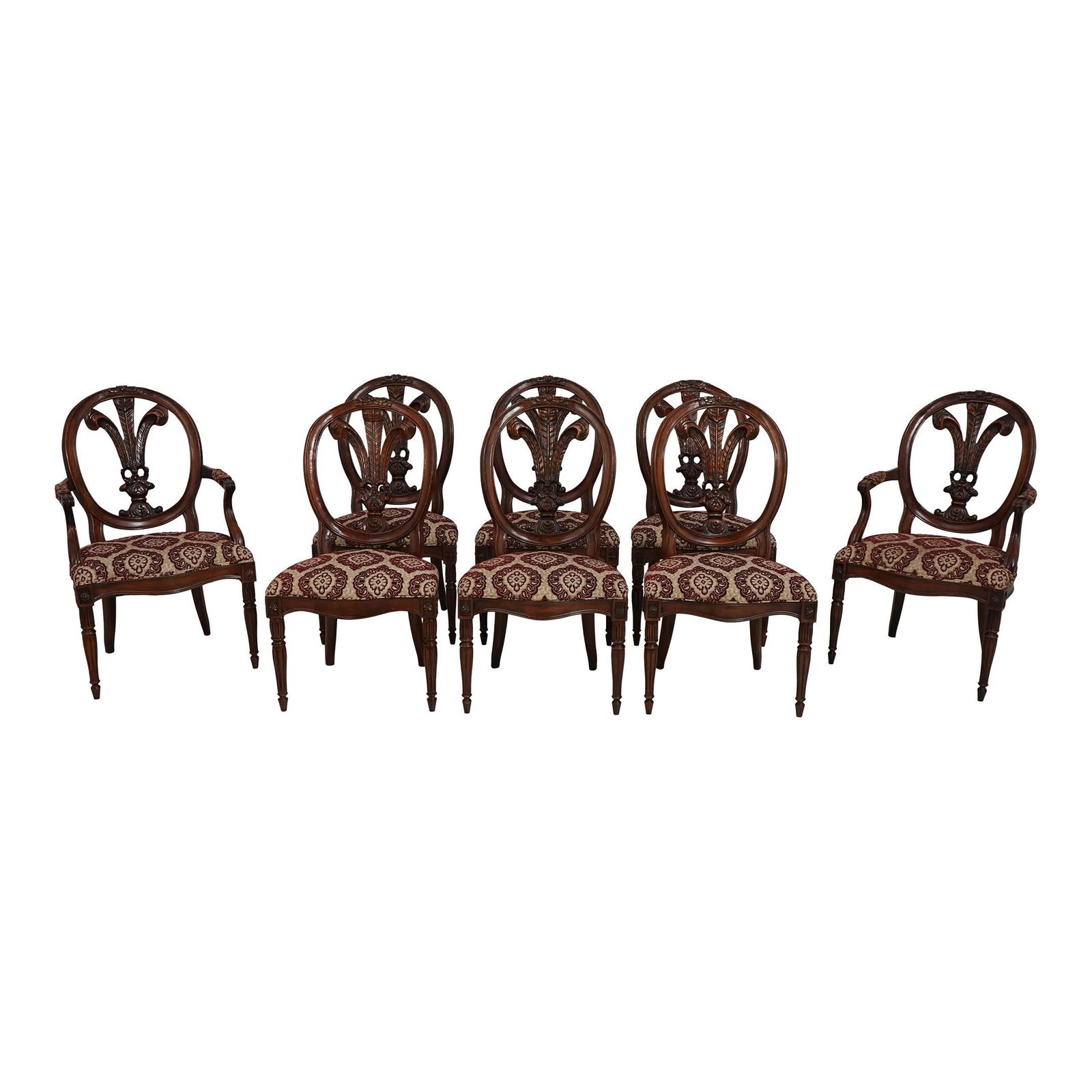 Set of 8 Henredon Regency Dining Chairs with Carved Plum Backs: Set of 8 Henredon Regency Dining Chairs with Carved Plum Backs This exceptional set of 8 Regency dining room chairs features a striking plum back design, showcasing high-quality craftsmanship and impr