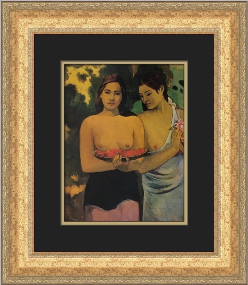 Paul Gauguin Tahitian Women with Mango Blossoms Framed Print 1988: Paul Gauguin Tahitian Women with Mango Blossoms Framed Print 1988 This stunning custom framed print features Paul Gauguin's captivating artwork titled "Tahitian Women with Mango Blossoms." The print i
