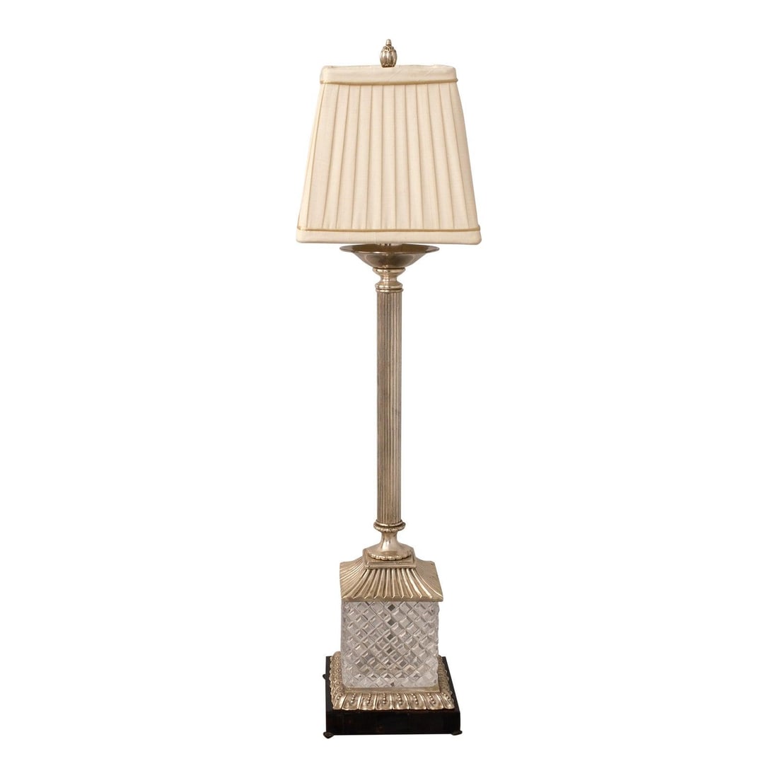 Regency Silverplate Column Lamp with Crystal and Marble Overlay: Regency Silverplate Column Lamp with Crystal and Marble Overlay Illuminate your space with this exquisite Silverplate Column Lamp featuring a stunning crystal base and an elegant marble overlay. Desig