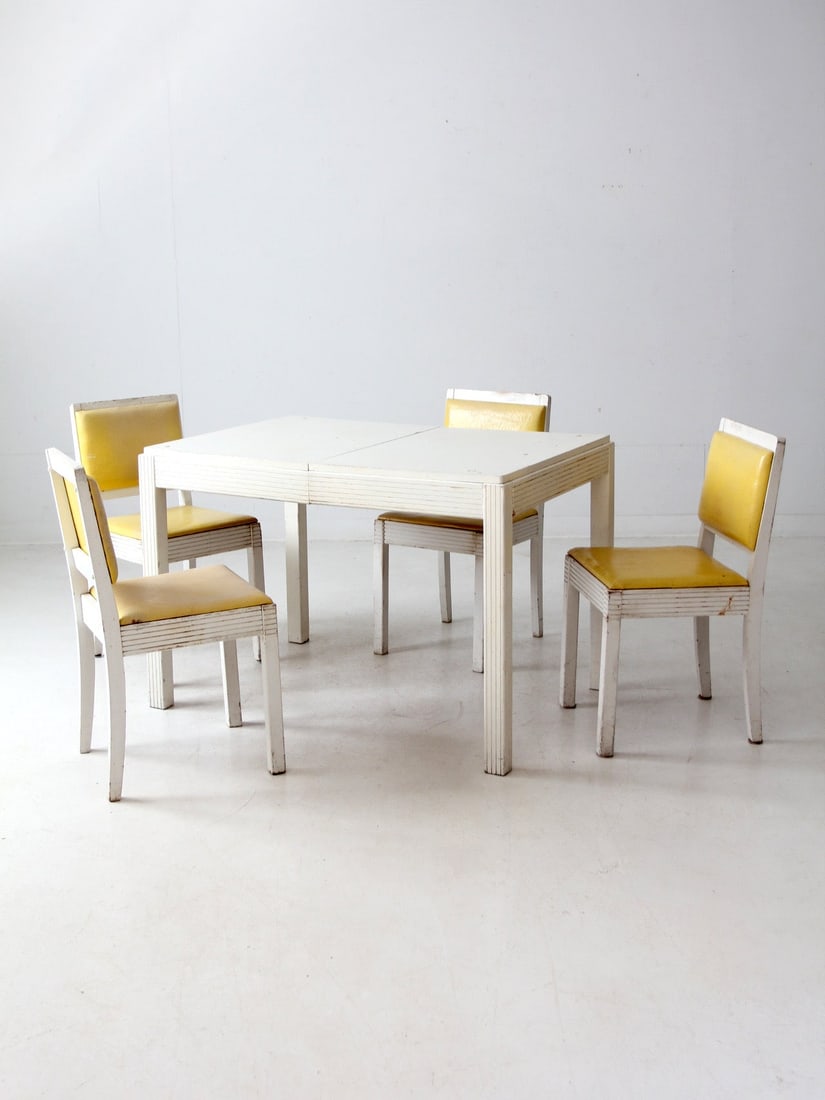 Mid-Century Modern Dining Set Table and 4 Chairs White Yellow Upholstery: Mid-Century Modern Dining Set Table and 4 Chairs White Yellow Upholstery Elevate your dining experience with this mid-century modern dining set, featuring a stylish rectangular extendable table in a c