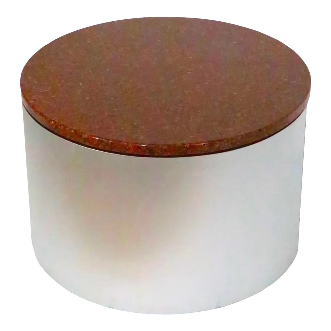 Post Modern Drum Table with Rouge Marble Top Attributed to Brueton 1970s: Post Modern Drum Table with Rouge Marble Top Attributed to Brueton 1970s This stunning Post Modern Minimalist drum table features a sleek metal-clad design paired with a thick rouge marble top. Crafte