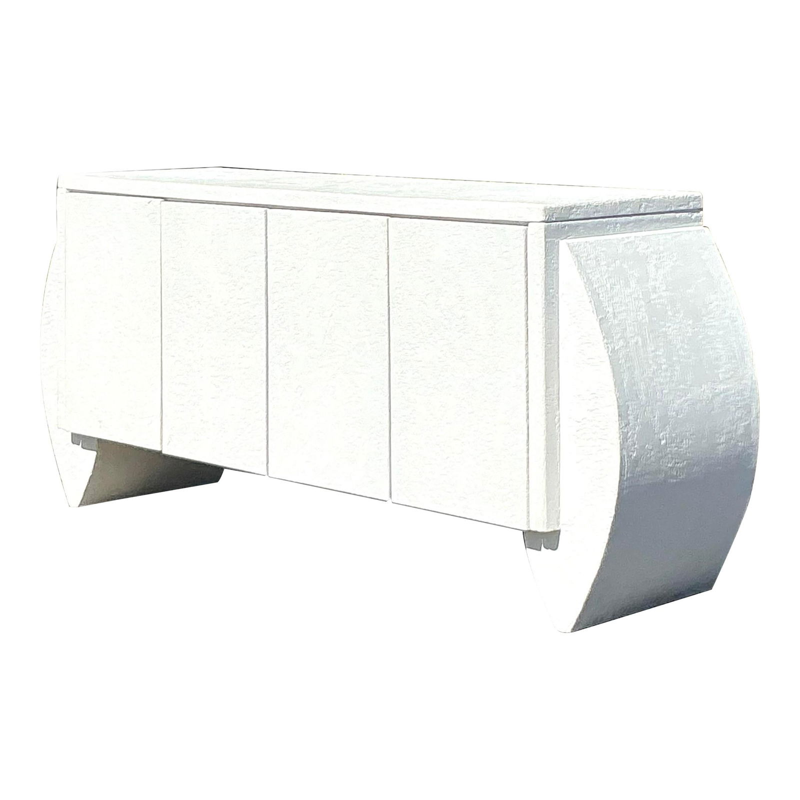 Vintage 1980s Postmodern White Plaster Credenza with Curved Panels: Vintage 1980s Postmodern White Plaster Credenza with Curved Panels Make a bold statement with this vintage postmodern plaster credenza, featuring sculptural curved side panels and a sleek, minimalist