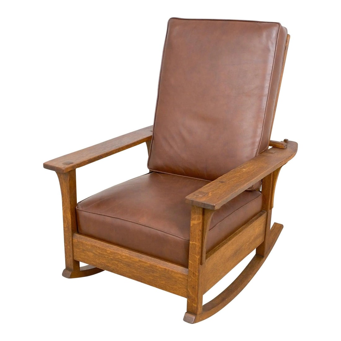L&jg Stickley Antique Mission Oak Adjustable Reclining Rocker Chair: L&jg Stickley Antique Mission Oak Adjustable Reclining Rocker Chair This Antique Mission Oak Rocker Chair, crafted by L&jg Stickley, showcases exceptional quality and craftsmanship from the early 20th