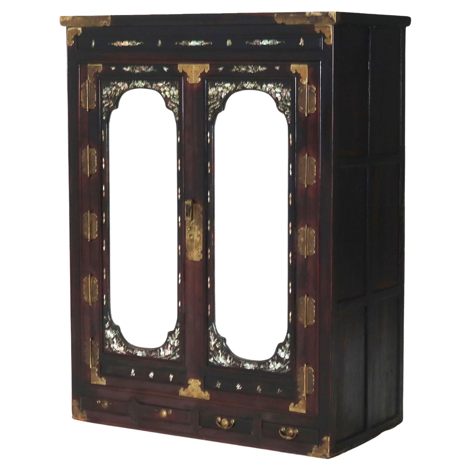 19th Century Chinese Hardwood Wedding Cabinet with Mother of Pearl Inlay: 19th Century Chinese Hardwood Wedding Cabinet with Mother of Pearl Inlay This stunning 19th-century Chinese hardwood wedding cabinet showcases exceptional craftsmanship and traditional artistry. Stand