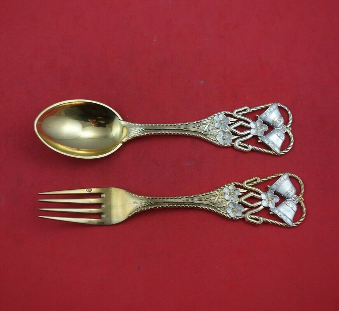 A. Michelsen Christmas Bells Sterling Silver Fork & Spoon Set 2pc 1912: A. Michelsen Christmas Bells Sterling Silver Fork & Spoon Set 2pc 1912 This exquisite 2-piece fork and spoon set, crafted by A. Michelsen, showcases the iconic "Christmas Bells" pattern from 1912. Mad