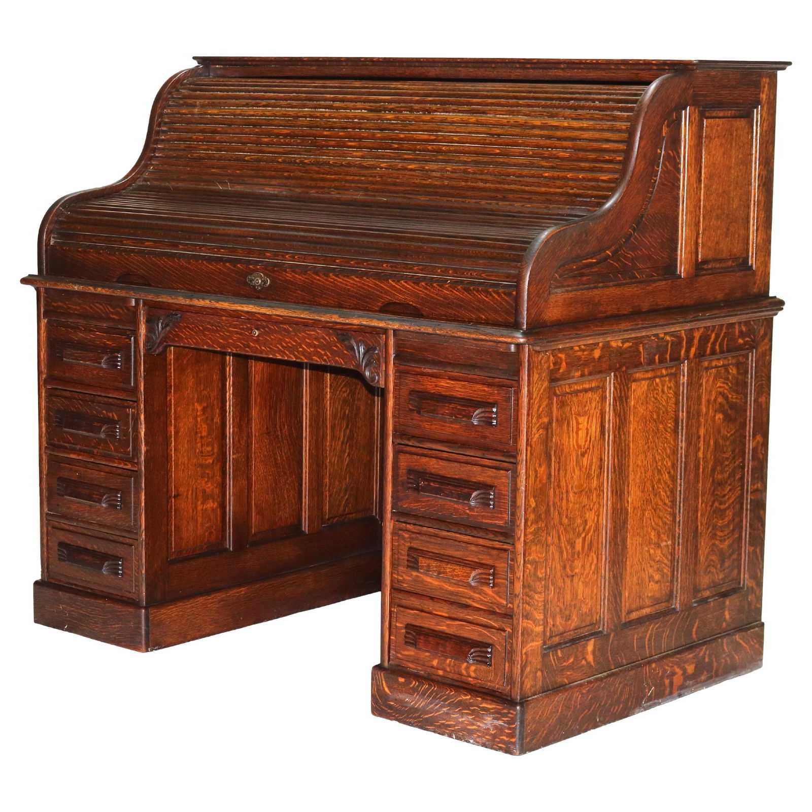 Antique Arts & Crafts Oak Roll Top Desk C1900 with Full Drawer Interior: Antique Arts & Crafts Oak Roll Top Desk C1900 with Full Drawer Interior Discover this exquisite Antique Arts & Crafts Oak Raised Panel S-Roll Top Desk, a stunning piece from circa 1900 that embodies t