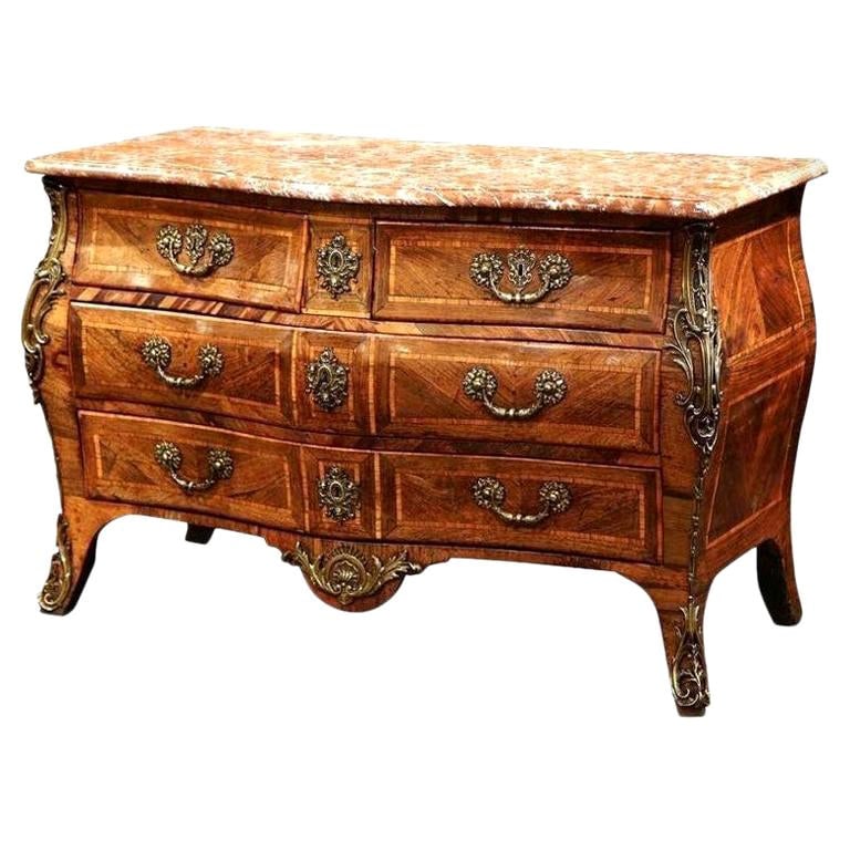 18th Century Louis XV Bombe Chest Walnut Inlay Marble Top France: 18th Century Louis XV Bombe Chest Walnut Inlay Marble Top France This exquisite 18th Century French Louis XV Bombe Chest of Drawers showcases the elegance of mid-18th century design. Crafted in Burgun