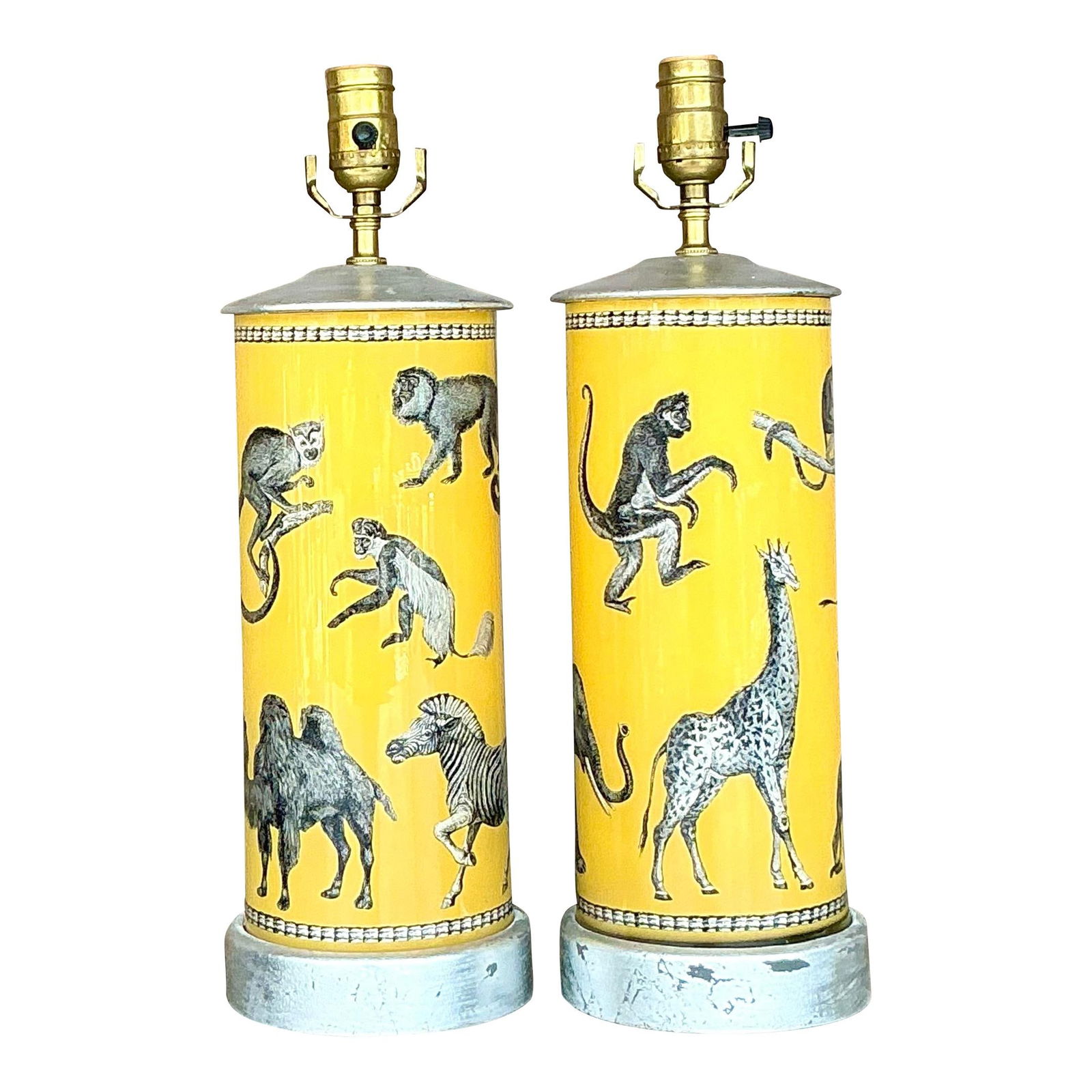 Charming Vintage Boho Eglomise Glass Monkey Lamps Pair: Charming Vintage Boho Eglomise Glass Monkey Lamps Pair Brighten your home with the whimsical charm of this pair of vintage boho eglomise glass monkey lamps. Each lamp features intricately designed mon