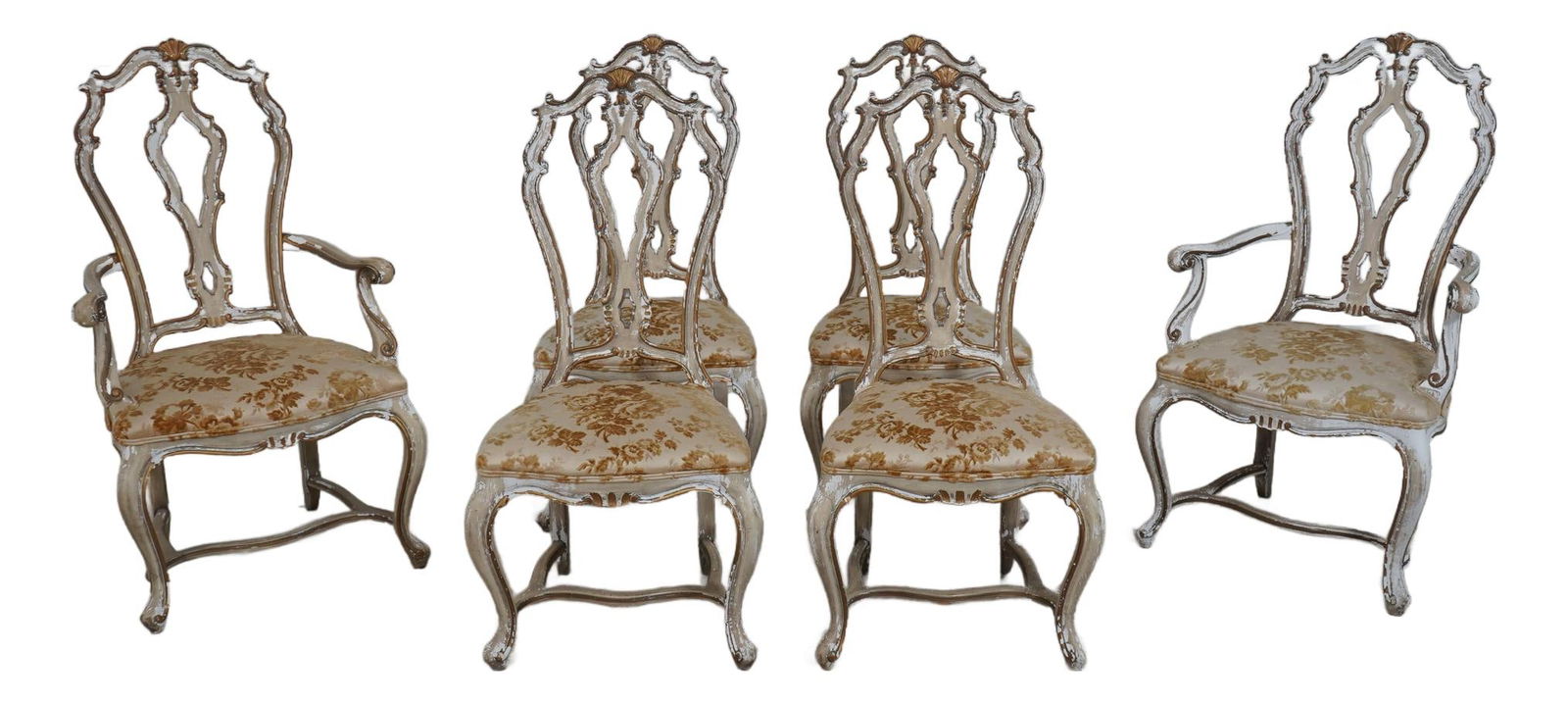 Set of 6 1930s Venetian Gold Distressed Dining Chairs: Set of 6 1930s Venetian Gold Distressed Dining Chairs This set of six Venetian dining room chairs, dating back to the 1930s, features a heavily distressed painted finish that adds a stunning decorativ