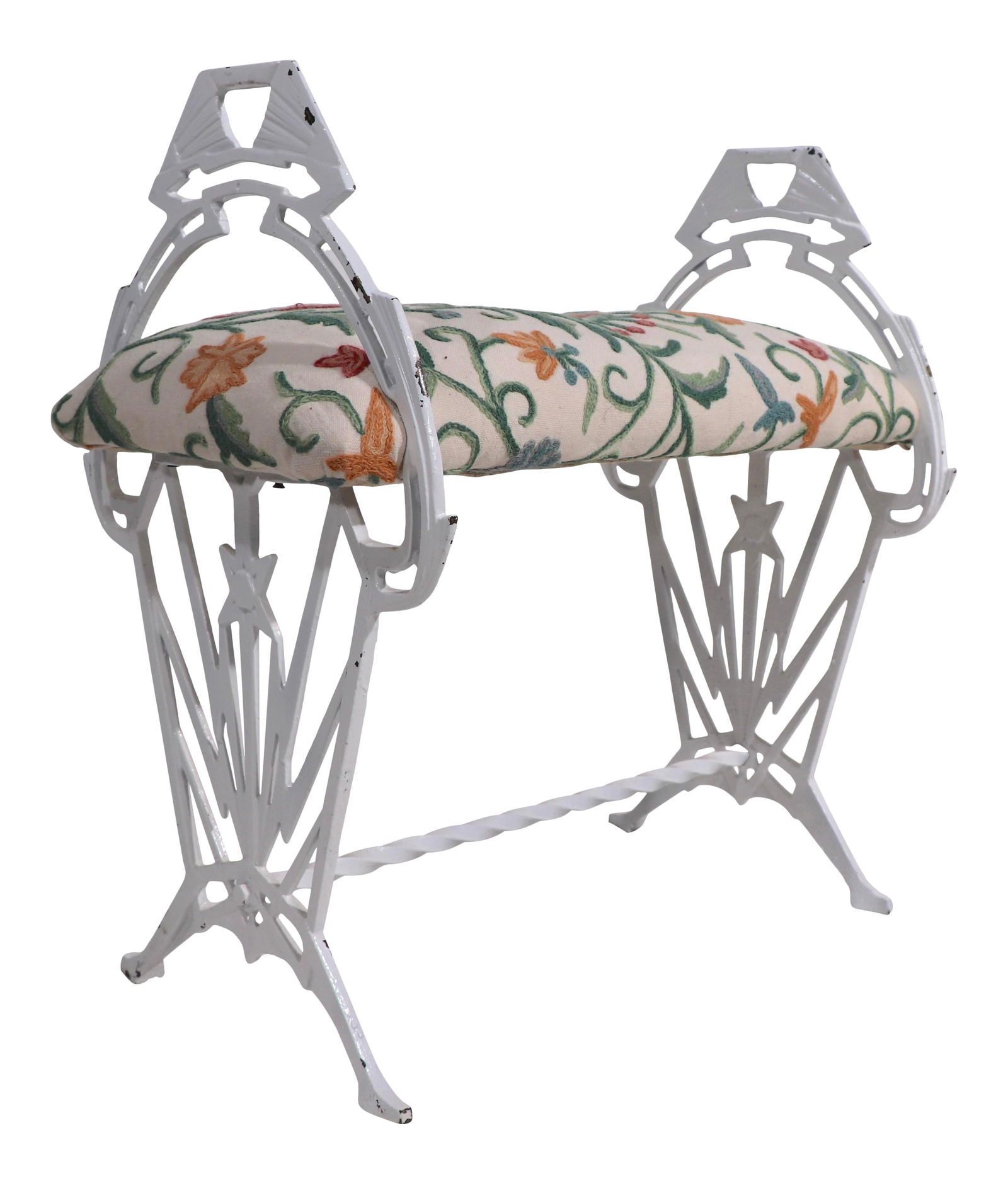 Vintage Art Deco Upholstered Vanity Bench with Metal Sides: Vintage Art Deco Upholstered Vanity Bench with Metal Sides Embrace the elegance of the Art Deco era with this charming vanity bench, also known as a window seat. This diminutive piece features stylize