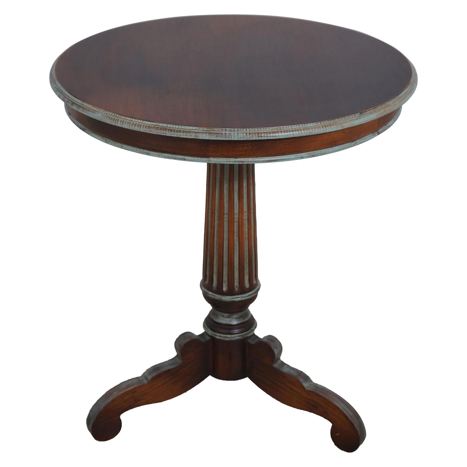 Italian Style Round Wood Lamp Table with Painted Trim: Italian Style Round Wood Lamp Table with Painted Trim This exquisite Italian style round lamp table features a charming painted trim and is approximately 20 years old. With light factory distressing a