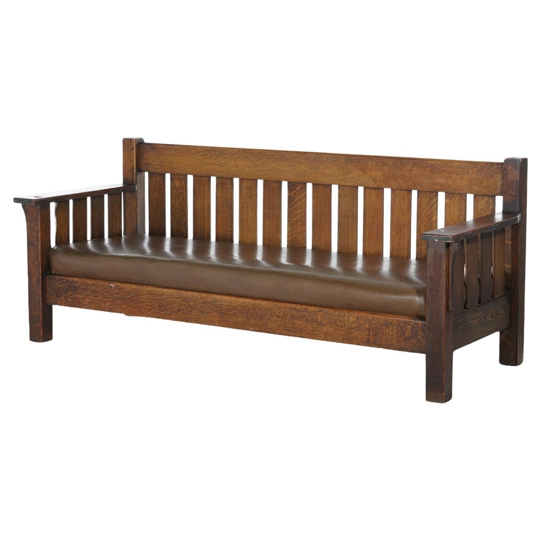 JM Young Arts & Crafts Mission Oak Slat-Back Settle C1910 with Cushion: JM Young Arts & Crafts Mission Oak Slat-Back Settle C1910 with Cushion This elegant Arts & Crafts JM Young Mission Oak Slat-Back Settle, crafted around 1910, showcases a timeless design that complemen