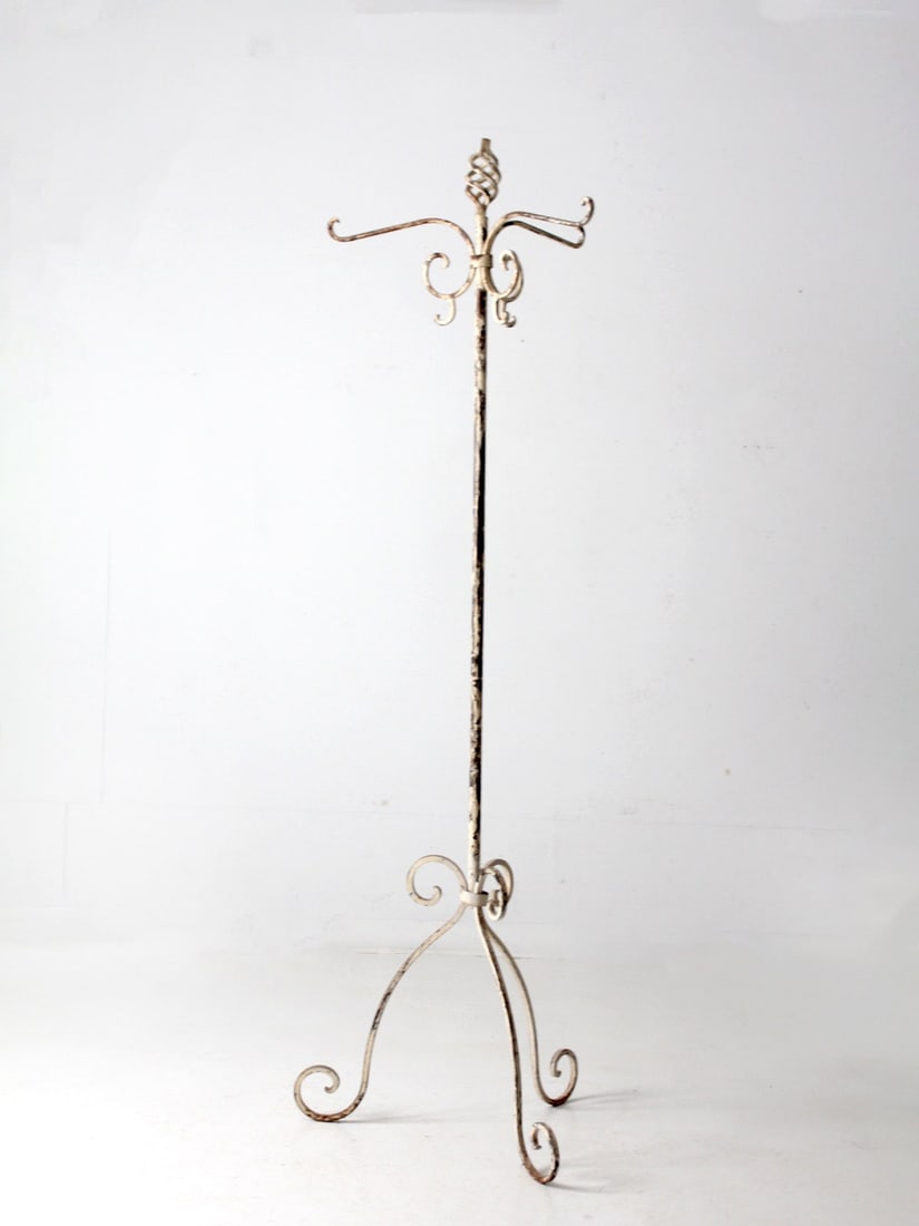 Antique Wrought Iron Hall Tree Coat Rack Cream Finish 84 Inch: Antique Wrought Iron Hall Tree Coat Rack Cream Finish 84 Inch This stunning antique hall tree is a striking addition to any entryway or store display, showcasing a remarkable height of 84 inches (213.