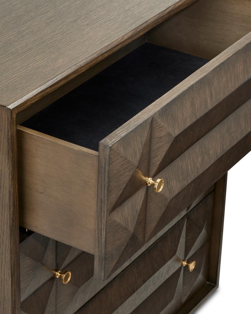 Currey Kendall Dove Gray Chest Transitional Style Brass Oak 34H 32W 18.25D: Currey Kendall Dove Gray Chest Transitional Style Brass Oak 34H 32W 18.25D Introducing the Geometric Dove Gray Chest by Currey, a stunning piece that combines functionality with a modern aesthetic. Th