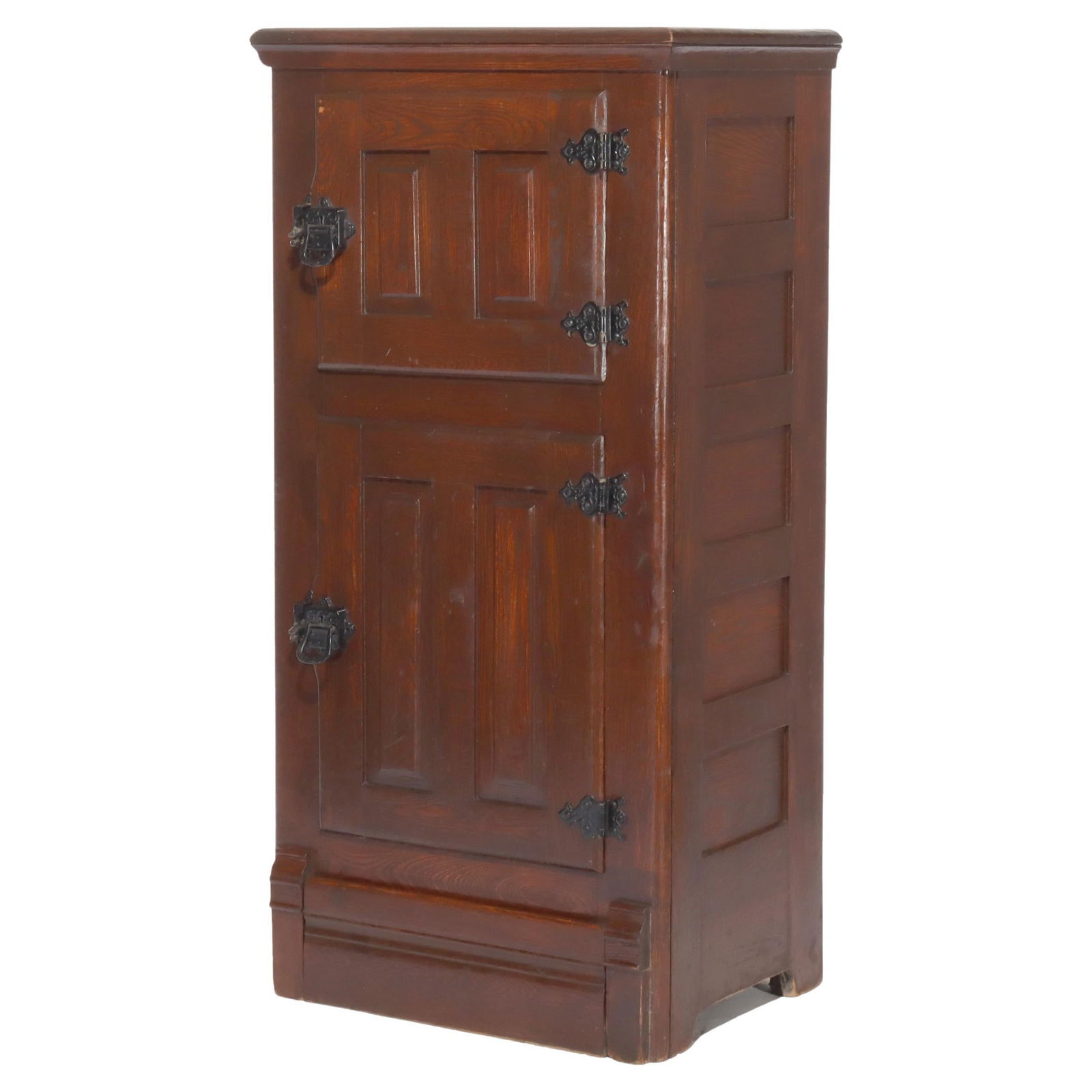 Antique Oak Raised Panel Ice Box C1900 Vintage Charm: Antique Oak Raised Panel Ice Box C1900 Vintage Charm This antique oak ice box, dating from around 1900, features a classic raised panel design and is crafted from solid oak, showcasing the rich grain