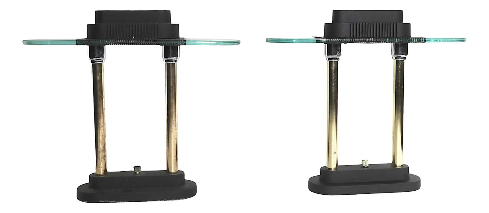 Pair of Post Modern Halogen Desk Lamps 1980s Memphis Style: Pair of Post Modern Halogen Desk Lamps 1980s Memphis Style This chic pair of Post Modern, Art Deco Revival halogen desk lamps, designed by Kovacs for Sonneman in the 1980s, showcases a striking Memphi