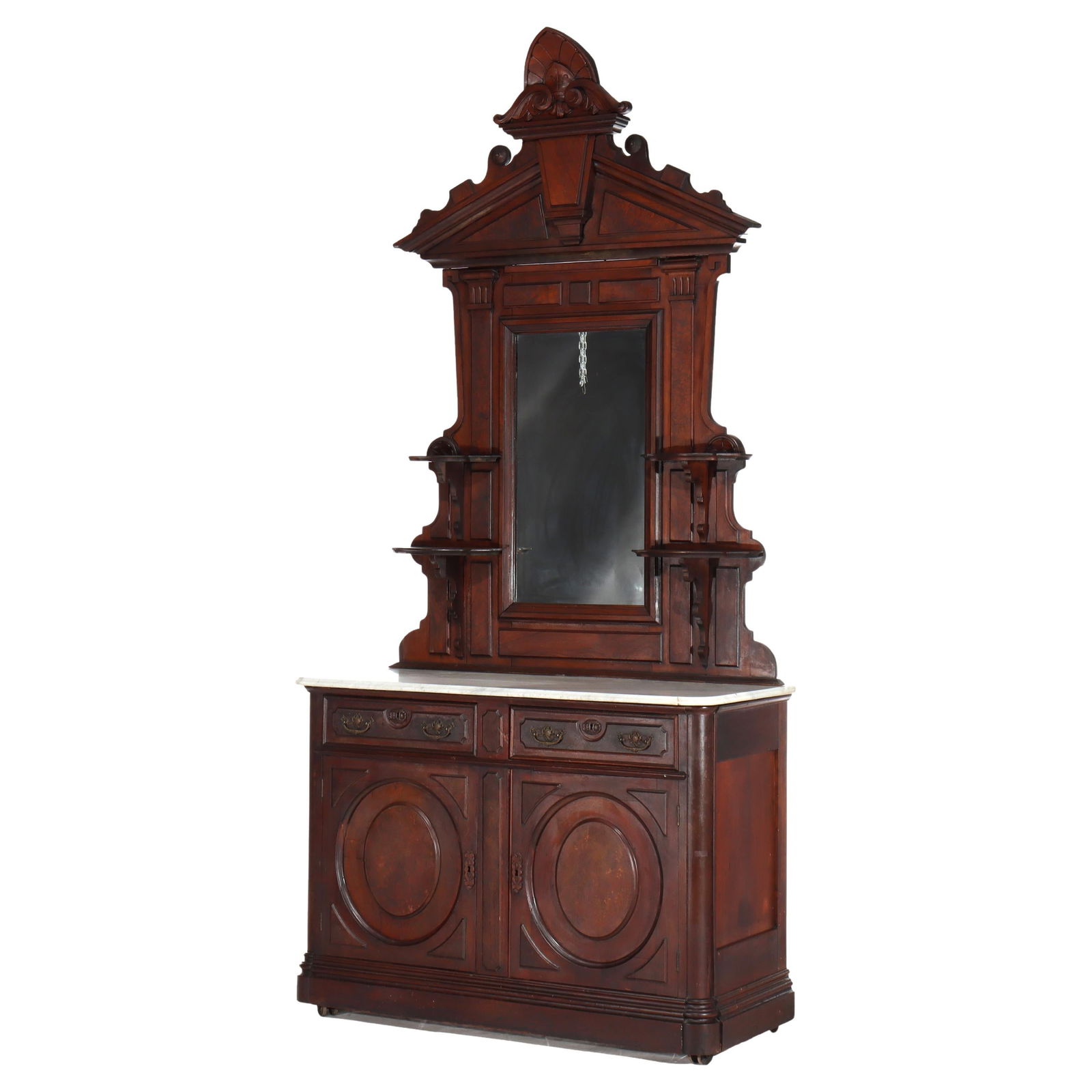 Antique Renaissance Revival Walnut Marble Top Sideboard with Mirror c1890: Antique Renaissance Revival Walnut Marble Top Sideboard with Mirror c1890 This exquisite Antique Renaissance Revival sideboard, dating back to c1890, showcases the artistry of late 19th-century crafts