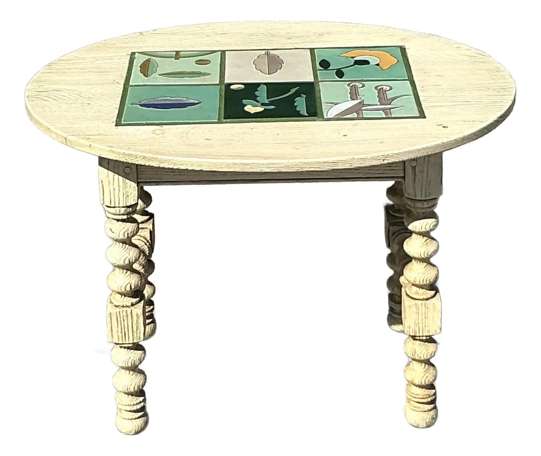 Vintage Boho Table Barley Twist Base Inset Tile Top: Vintage Boho Table Barley Twist Base Inset Tile Top This vintage boho table showcases a beautifully crafted barley twist base complemented by an eye-catching inset tile top. The intricate turned legs