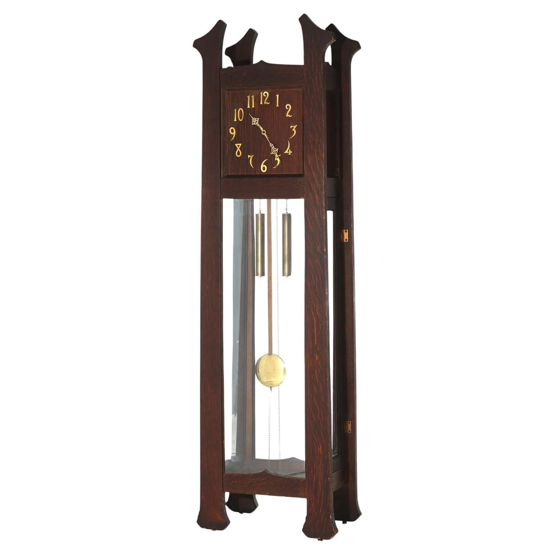 Circa 1910 Stickley School Oak Grandfather Clock Arts & Crafts Style: Circa 1910 Stickley School Oak Grandfather Clock Arts & Crafts Style This stunning Antique Arts & Crafts Mission Stickley School Oak Grandfather Clock dates back to circa 1910. Crafted from high-quali