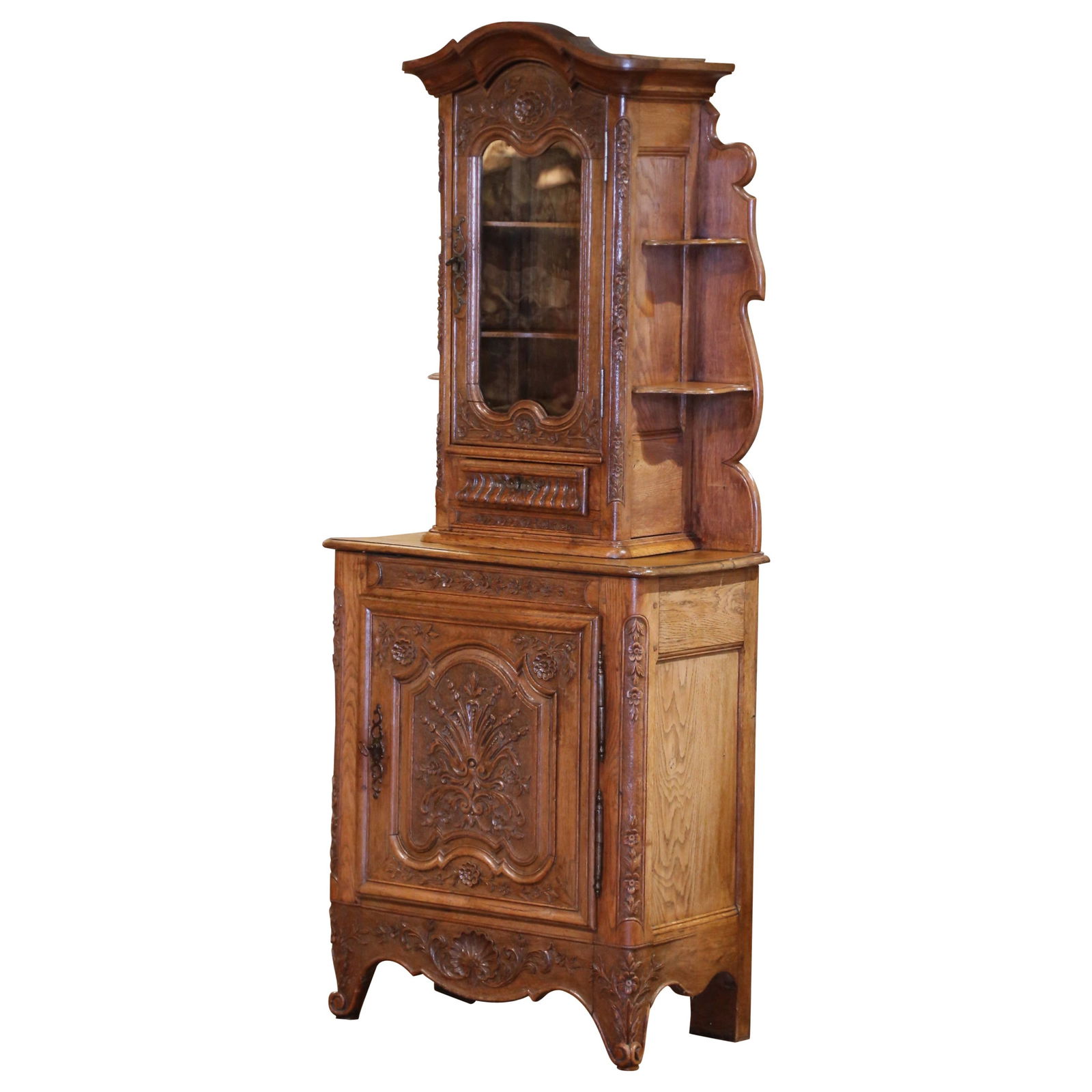 19th Century Louis XV Carved Oak Display Cabinet from Normandy: 19th Century Louis XV Carved Oak Display Cabinet from Normandy This exquisite 19th Century French Louis XV carved oak confiturier showcases the charm of Normandy craftsmanship. Crafted circa 1870, thi