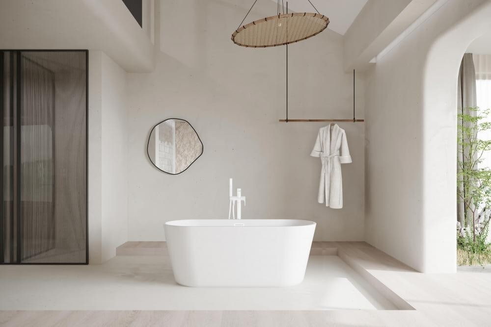 Ines 59 Inch Glossy White Freestanding Acrylic Bathtub: Ines 59 Inch Glossy White Freestanding Acrylic Bathtub Transform your bathroom with this modern freestanding bathtub, designed for luxurious soaking. The Ines 59" Acrylic Soaking Tub features a glossy