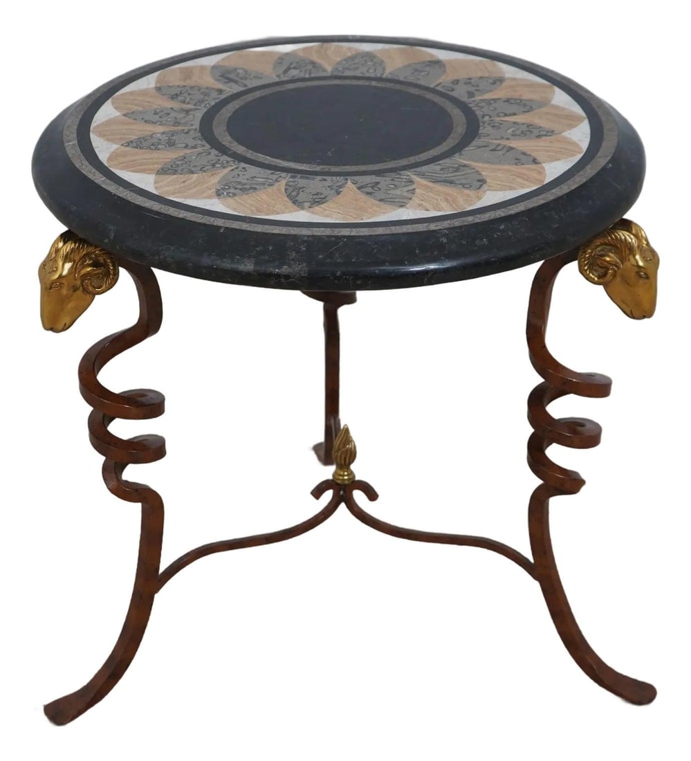 Maitland Smith Piera Dura Marble Top Rams Head Table: Maitland Smith Piera Dura Marble Top Rams Head Table This exquisite Maitland Smith Piera Dura lamp table features a stunning marble top supported by a robust iron base adorned with solid brass ram's h