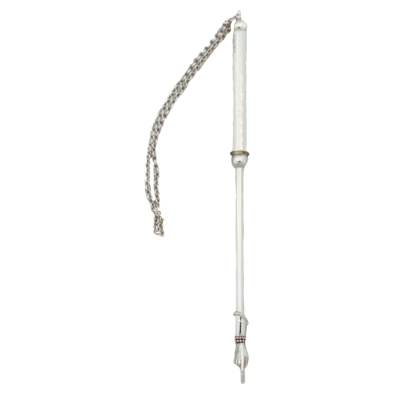 Hammered Sterling Silver Torah Pointer Yad from Israel 12 in: Hammered Sterling Silver Torah Pointer Yad from Israel 12 in This exquisite hammered sterling silver Torah pointer (Yad) is a beautiful piece crafted in Israel. Featuring a finely detailed handle with